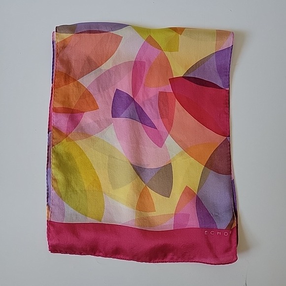 Echo Accessories - Echo Silk Silk Chiffon Rectangle Scarf Signed Multicolor Geometric Chic Retro